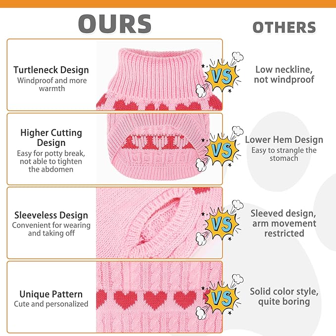 KOOLTAIL Cable Knit Dog Sweater Turtleneck, Cold Weather Pullover Classic Knitwear, Snowflake Pattern Thick Warm Winter Pet Clothes,Dog Christmas Sweater for Small Medium Large Dogs,Pink Heart ML