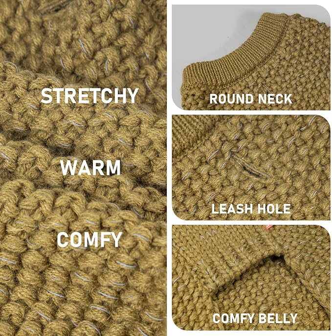 KYEESE Dog Sweater with Leash Hole Warm Pullover with Reflective Yarn for Small and Medium Dogs Male Soft Knit Pullover Boy Dog Coats Cozy Lightweight Thick Sweater,Brown,Medium