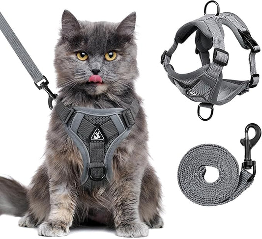 Escape Proof Cat Harness and Leash Set for All Types of Cats - Adjustable Reflective Soft Mesh Vest with 4 Buckles, Breathable Walking Harness for Kittens to XL Cats