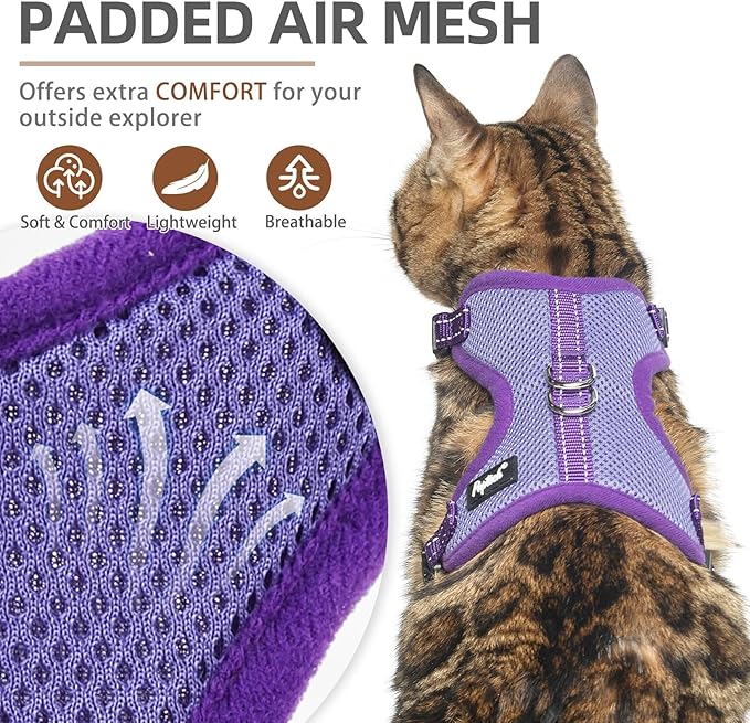 PUPTECK Cat Harness and Leash Set Escape Proof, Reflective Adjustable Soft Mesh Kitten Vest Harness for Walking Travel, Purple, M