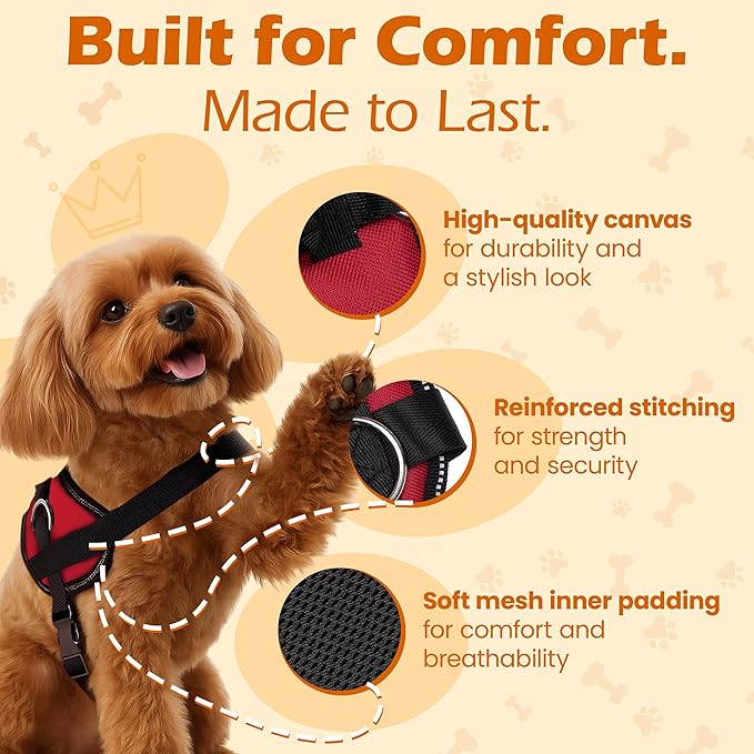 Bark Appeal Red No-Pull Dog Harness for XS to Small Sized Pets – Adjustable, Reflective Vest with 3 Leash Clips for Added Control, Easy Walks & Training – Small