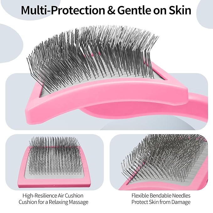 Pet Slicker Brush for Long & Short Hair - Detangling Tool for Dogs & Cats - 135° Angled Stainless Steel Pins, Curved Handle - Gentle Grooming for Small/Medium/Large Breeds (Pink)