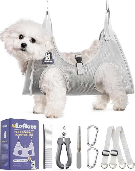 Dog Grooming Hammock Harness for Dogs & Cats with Pet Nail Clipper Trimmer - Cat Hanger Sling for Trimming Clipping Nails- Dog Hammock Restraint Bag for Small Medium Large pet （ Grey S ）