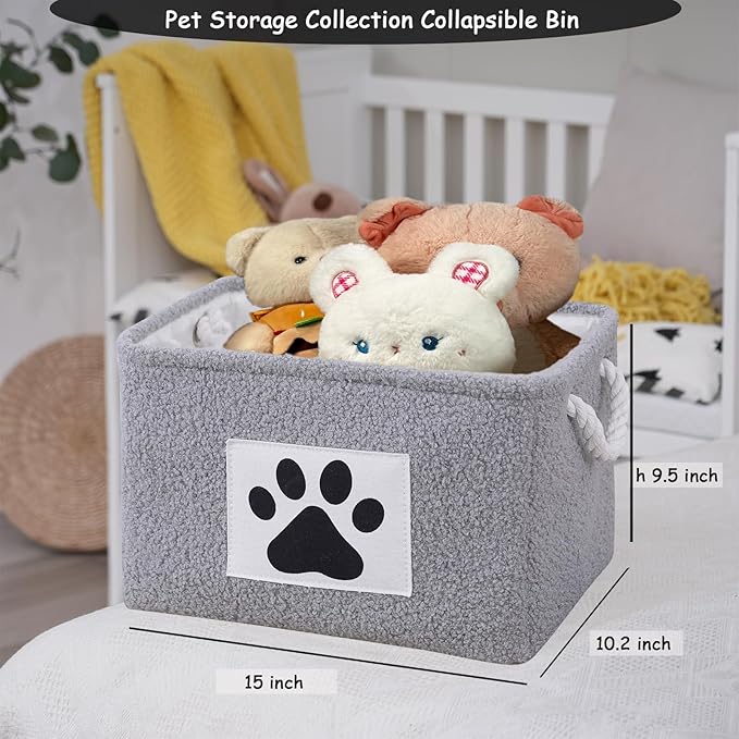 COMFY-HOMI 2Pcs Dog Toy Basket with Metal Collapsible Pet Toy Storage Organizer with Handles-Soft Polyester Fleece Fabric Bin Storage Basket for Shelves, Toys Storage Organization 15"x10.2"x9.5"-Grey