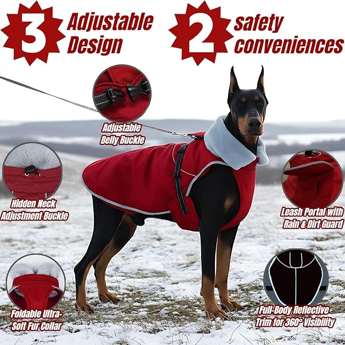 Insulated Dog Winter Jacket with 2 Layer Warmth, Hard Shell Pet Coat with Full-Body Reflective Strip, Waterproof & Thick Coats for Large Dogs with Leash Portal, Durable 3D Belly Cut Clothes(Wine, L)