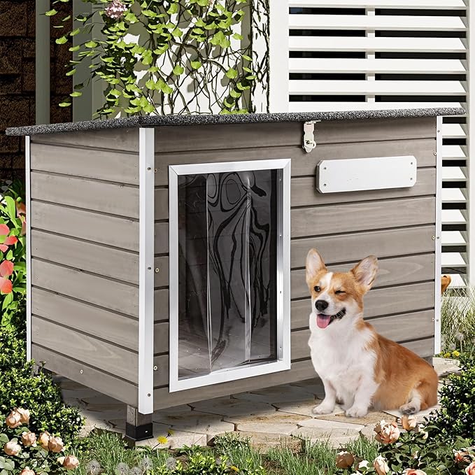 Dog House Outdoor & Indoor Wooden Dog Kennel for Medium to Large Dogs,34" L Natural Fir Wood Dog Houses with Weatherproof Roof,Removable Floors,Raised Feet