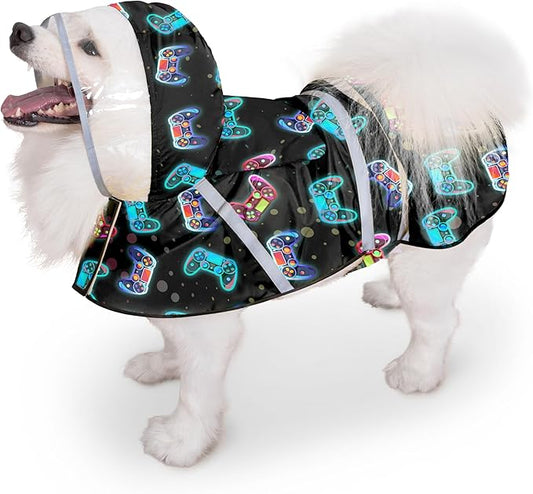 Dog Raincoat, Adjustable Rain Jacket with Hooded Double Layer for Large Medium Small Dogs Puppies, Lightweight Waterproof Rain Coat Poncho with Reflective Stripe Game Controller Black,S