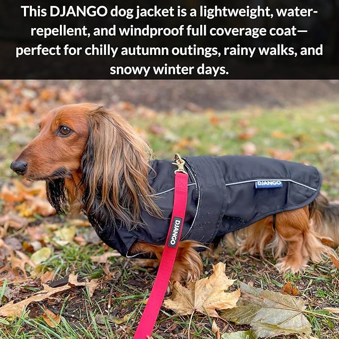 DJANGO Dog Jacket & Raincoat – Lightweight Water-Resistant Coat for Small, Medium & Long Dogs Like Dachshunds – Reflective, Adjustable Fit, Harness-Compatible & Easy-Access Harness Hole - Black, Large