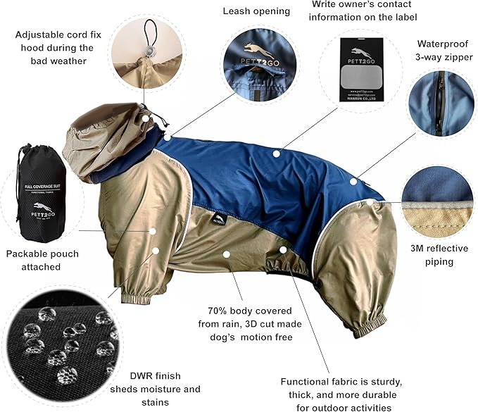 Dog Lightweight Windbreaker, Pet Outdoor Sports Jacket, 0.5 lbs,3 in One, Hooded, Easy on/Off with Collar and Harness, Reflective Piping, Packable, Dog Hiking/Camping, Navy Blue (XX-Large)