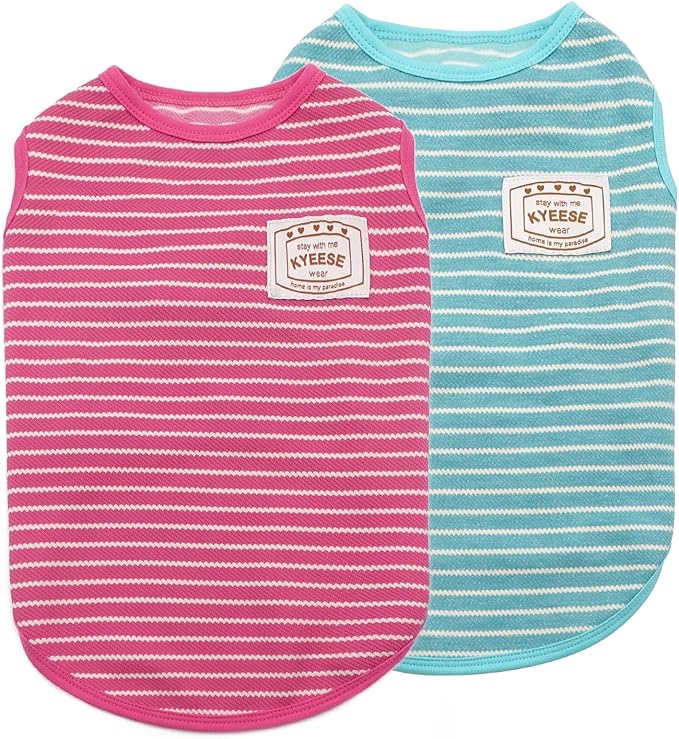 KYEESE 2Pack Dog Shirts Striped for Small Dogs Soft Stretchy Dog T-Shirts Lightweight Tank Top Sleeveless Vest Breathable Pet Apparel, Large, Rose Red+Blue