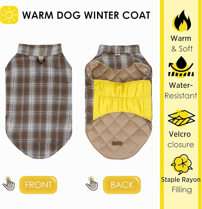 Quilted Dog Winter Coat, Plaid Lined Reversible Vest, Reflective Safety Strip, Cold Weather Pet Apparel Yellow M
