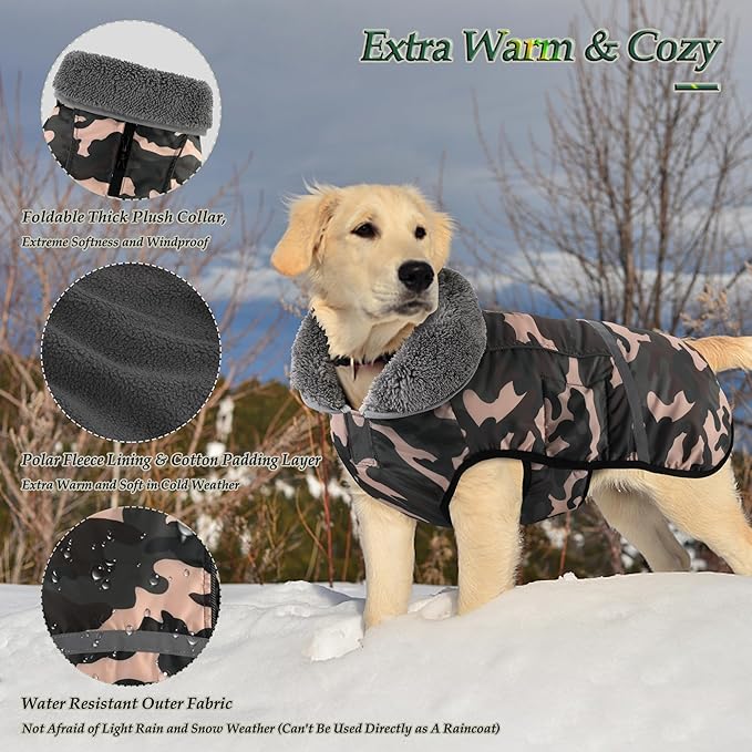 Dogcheer Warm Dog Coat, Waterproof Dog Jacket Christmas Puppy Winter Coat with Buckle, Reflective Adjustable Pet Snow Jacket Fleece Sweater for Small Medium Large Dogs - Dusty Pink Camo, XL