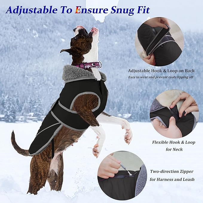 Dogcheer Dog Coat, Waterproof Dog Jacket Reflective Pet Winter Coat with Adjustable Hook & Loop, Christmas Puppy Fleece Jacket Warm Turtleneck Snowsuit for Small Medium Large Dogs - Black, 3XL