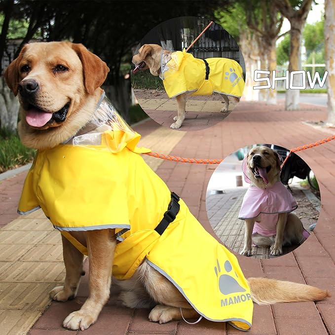 MAMORE Dog Raincoat Waterproof, Lightweight Adjustable Dog Rain Coat Hooded Poncho with Reflective Strip for Large Medium Small Dogs (Yellow, X-Large)
