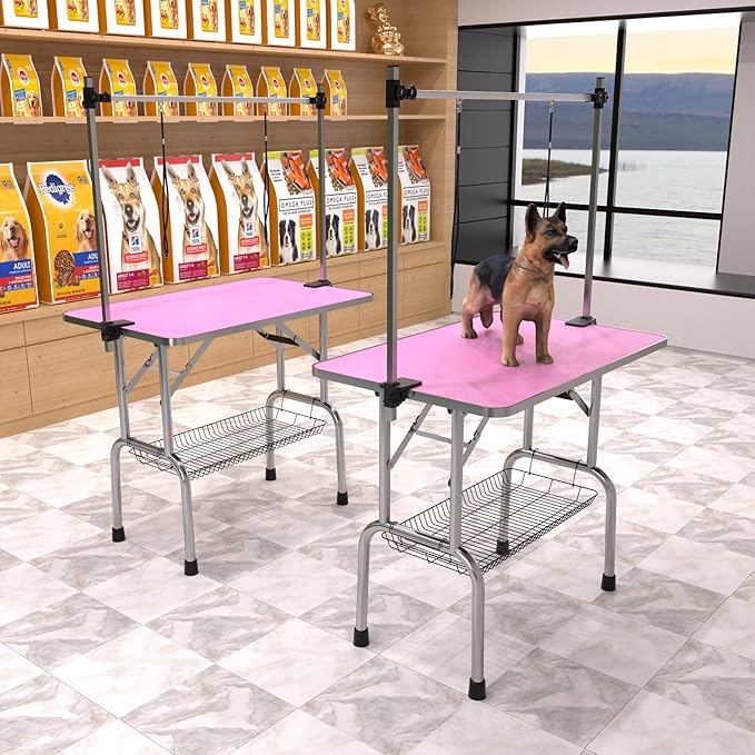 42" Dog Grooming Table Foldable Pet Grooming Tables with Adjustable Arm Noose Storage Mesh Tray Maximum Capacity Up to 330lbs Pink