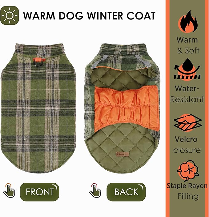 Quilted Dog Winter Coat, Plaid Lined Reversible Vest, Reflective Safety Strip, Cold Weather Pet Apparel Army Green S