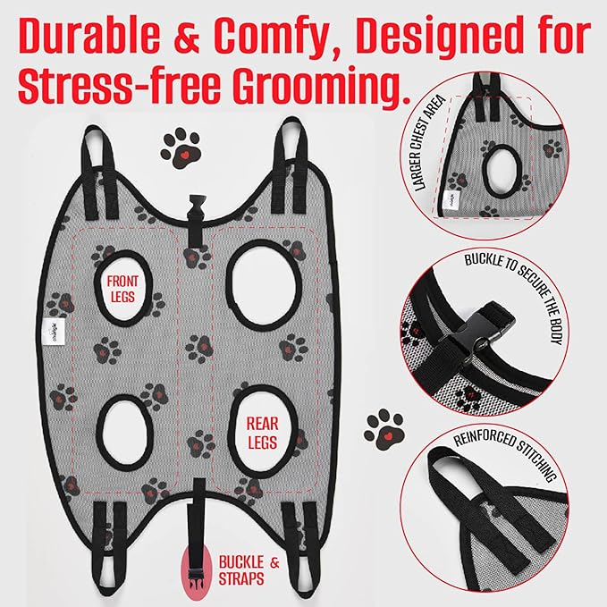 Dog Grooming Hammock for Small Dogs – Pet Restraint for Nail Trimming with Pet Nail Clipper – Dog Sling for Grooming, Pet Hammock for Nail Cutting & Grooming Harness (Legs Spacing: 9-12”)/Max W:30lb)