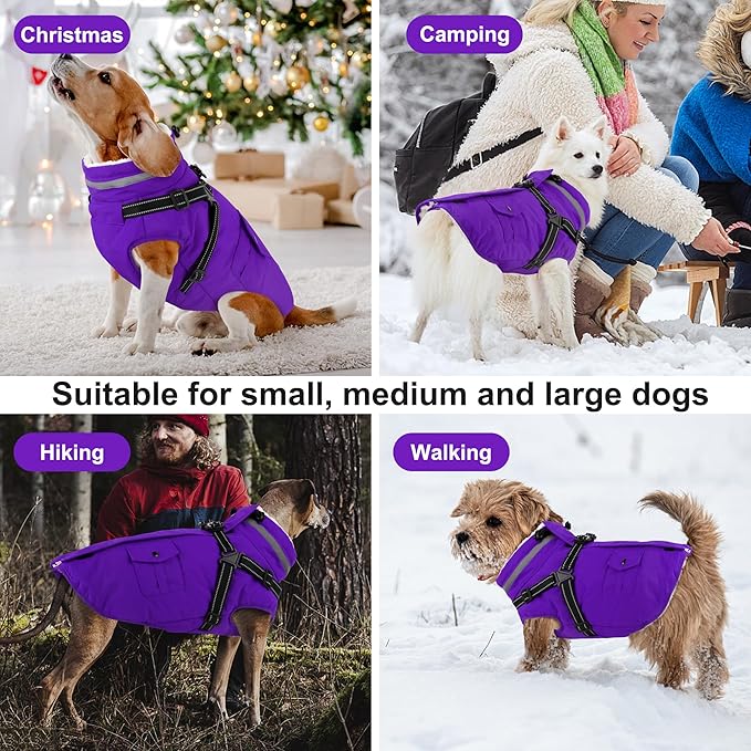 Dogcheer Dog Coat with Harness, Waterproof Warm Dog Winter Jacket with Pockets, Reflective Pet Fleece Jacket Turtleneck Snowsuit for Small Medium Large Dogs - Purple, L