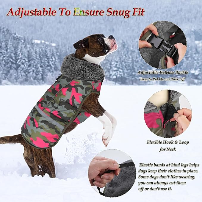 Dogcheer Warm Dog Coat, Waterproof Dog Jacket Reflective Adjustable Puppy Winter Coat with Buckle, Christmas Pet Snow Jacket Turtleneck Fleece Sweater for Small Medium Large Dogs - Camo Pink, M