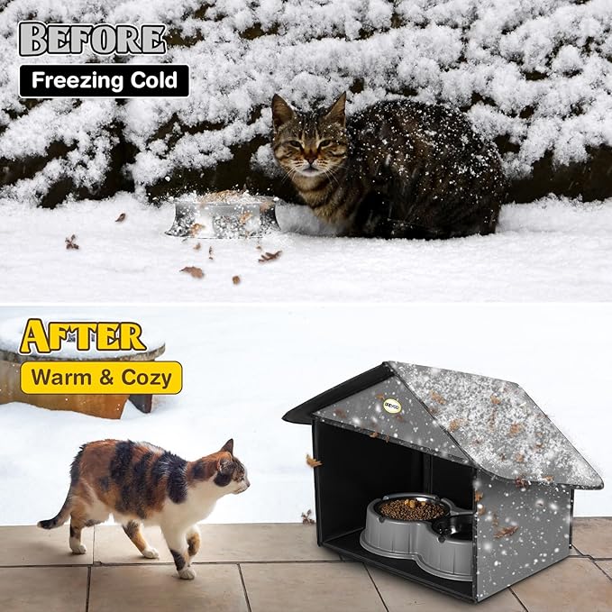 Dreyoo 1 Pack Outdoor Cat Feeding Station for Food & Water, Weatherproof Outdoor Kitty Dining Room Cat Shelter for Stray, Feral Cats and Community Cats, 13”d x 17”w x 15.5'h (Dark Grey)