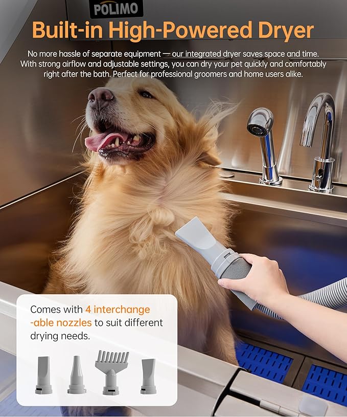 POLIMO Dog Wash Station with Pet Dryer & LED, Professional Dog Bathing Station for Large, Medium & Small Dogs – with Window, Ramp, Drawer, Floor Grate, LED Display & Faucet (Right Ramp & Dryer, 50")