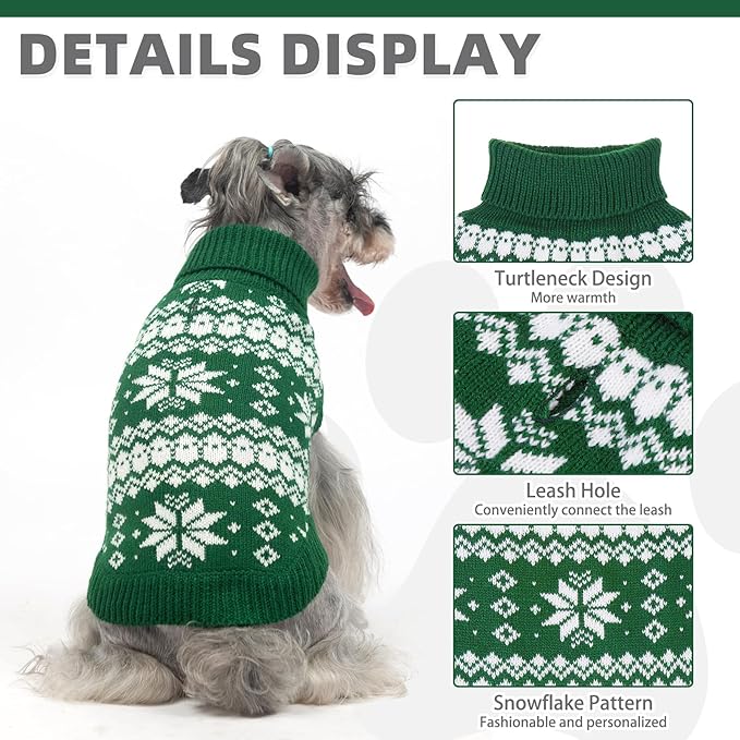 KOOLTAIL Cable Knit Dog Sweater Turtleneck, Cold Weather Pullover Classic Knitwear, Snowflake Pattern Thick Warm Winter Pet Clothes, Dog Christmas Sweater for Small Medium Large Dogs Cats, Green L