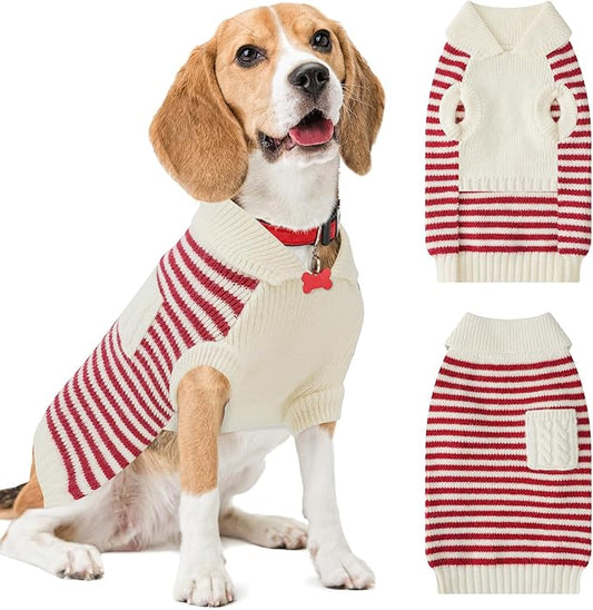 Small Dog Sweater, Knitted Striped Pullover Dog Clothes for Cold Weather, Thick Warm Cozy Stretchy Sweater for Chihuahua, Bulldog, Dachshund, Pug(Red & White Strip, XL)