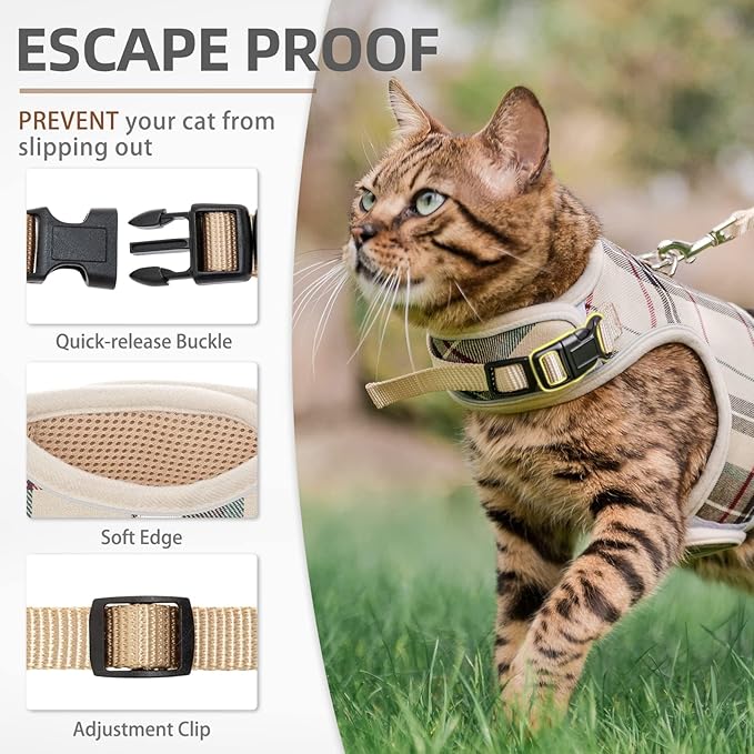 PUPTECK Soft Mesh Cat Vest Harness and Leash Set Puppy Padded Pet Harnesses Escape Proof for Cats Small Dogs Rabbits Bunny, Plaid Beige, M