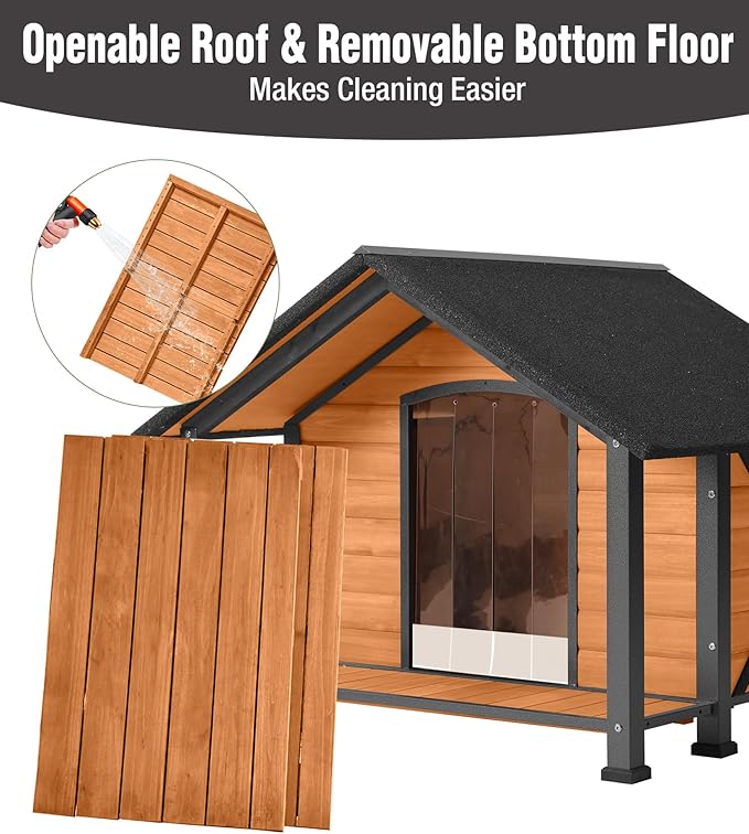 Heated Dog House, Outdoor Dog House Insulated for Winter with Heating Pad, Weatherproof Wooden Dog Kennel with Porch, Iron Frame, Openable Roof & Removable Floor