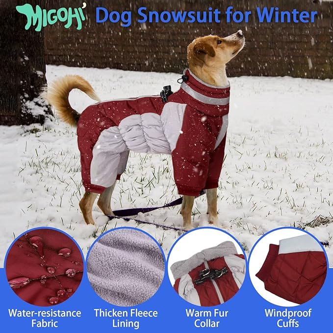MIGOHI Full Body Dog Coat - Warm Reflective Large Dog Winter Coat with Harness,Turtleneck Fleece Jacket for Dogs,Four-Leg Windproof Puffer Jackets Snowsuit with Zipper for Small Medium Large Dogs,XL