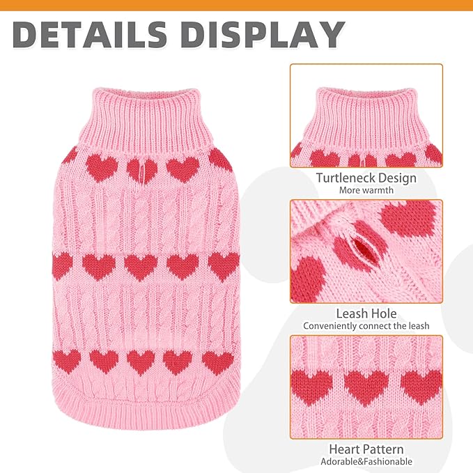 KOOLTAIL Cable Knit Dog Sweater Turtleneck, Cold Weather Pullover Classic Knitwear, Snowflake Pattern Thick Warm Winter Pet Clothes,Dog Christmas Sweater for Small Medium Large Dogs,Pink Heart L