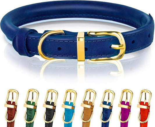 OOPSDOGGY Reflective Rolled Leather Dog Collar Adjustable Soft Padded Pet Collar for Small Medium Large Breed Dogs (Blue, XXS, 7"-9")