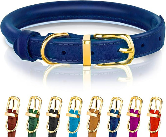 OOPSDOGGY Reflective Rolled Leather Dog Collar Adjustable Soft Padded Pet Collar for Small Medium Large Breed Dogs (Blue, M, 12"-15")