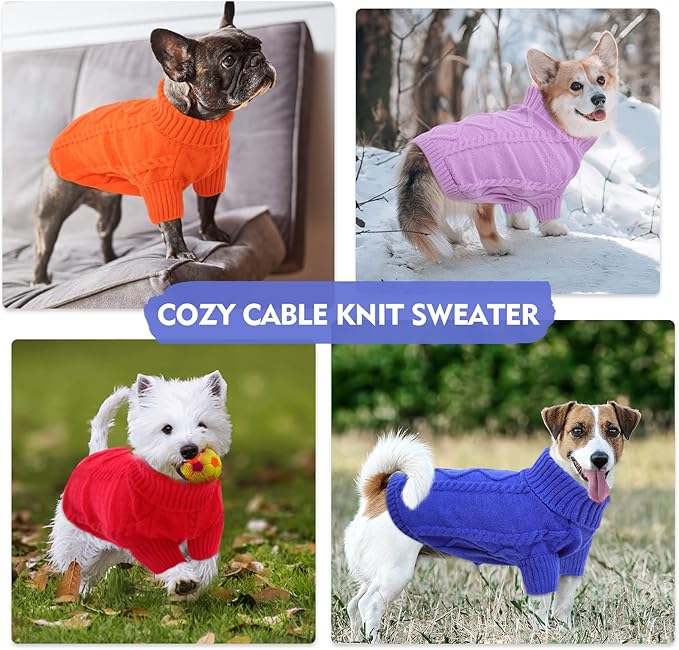 Queenmore Small Dog Pullover Sweater, Cold Weather Cable Knitwear, Classic Turtleneck Thick Warm Clothes for Chihuahua, Bulldog, Dachshund, Pug (Lilac, Small)