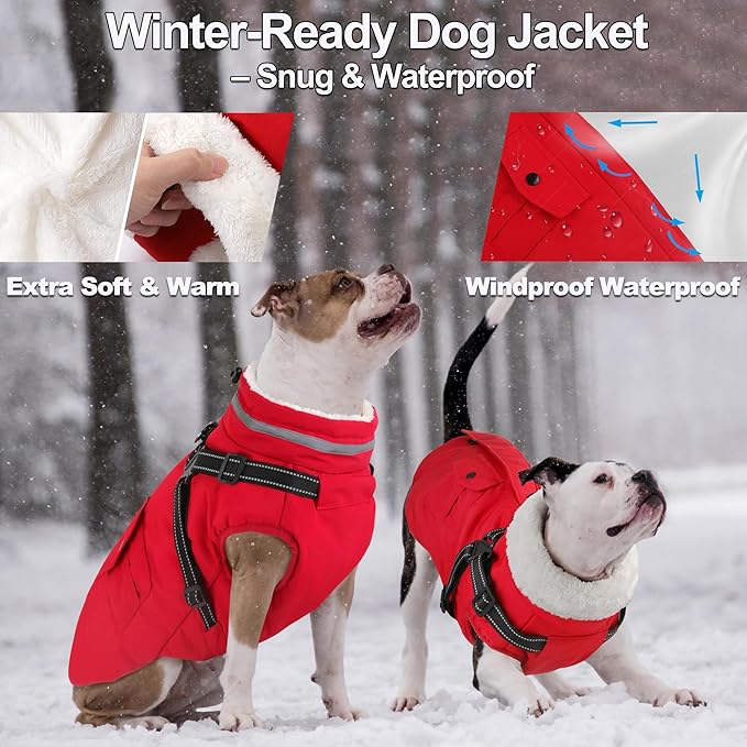 Dogcheer Dog Coat with Harness, Waterproof Warm Dog Winter Jacket with Pockets, Reflective Pet Fleece Jacket Turtleneck Snowsuit for Small Medium Large Dogs - Red, XL