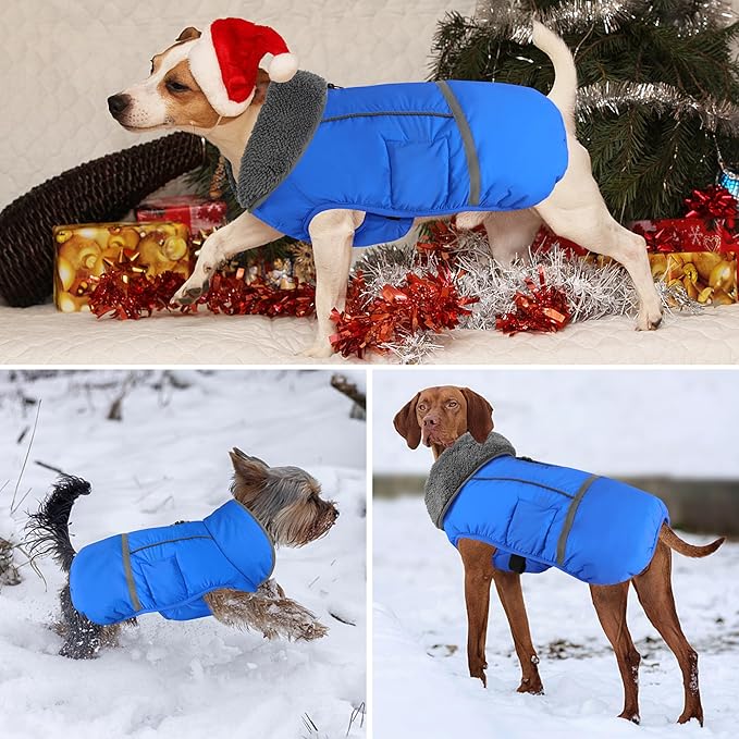 Dogcheer Warm Dog Coat, Waterproof Dog Jacket Christmas Puppy Winter Coat with Buckle, Reflective Adjustable Pet Snow Jacket Turtleneck Fleece Sweater for Small Medium Large Dogs - Blue, 2XL