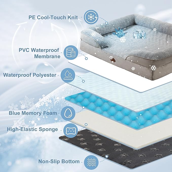 Cooling Pet Bed for Large Dogs and Cats, Waterproof Orthopedic Dog Sofa Bed, Supportive Foam Pet Couch Bed with Washable Removable Cover, Waterproof Lining and Nonskid Bottom(Large, Grey)
