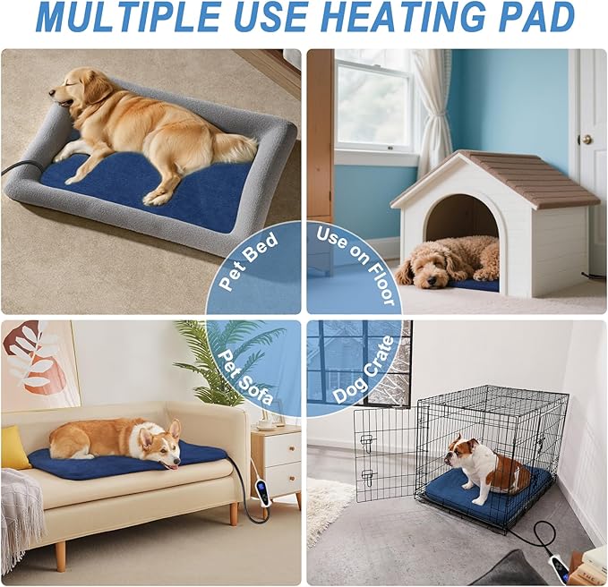 Bestio Cat Heating Pad，16 in Heated Cat Bed for Newborn Kittens and Puppies, with Smart Thermostat Switch (1-24 Hours) + Electric Steel Wire Protection Tube -Blue