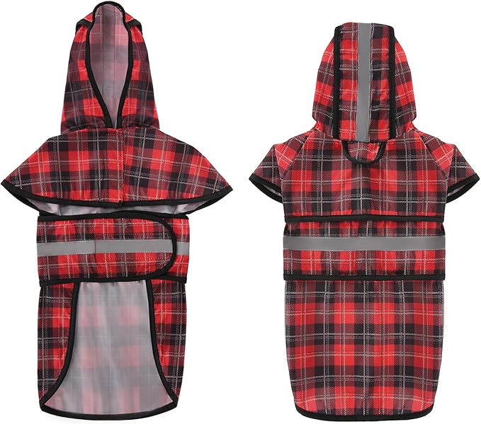 HDE Dog Raincoat Jacket Reflective Adjustable Hooded Pet Poncho Rain Coat with Leash Hole for Small to X-Large Dogs Plaid - XL