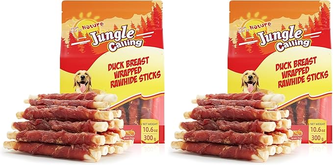 Jungle Calling Dog Treats, Duck Breast Wrapped Rawhide Sticks for Dogs, Grain-Free Natural Chewy Treats Picky Dogs, Puppy Chews Snacks,10.6 oz (Pack of 2)