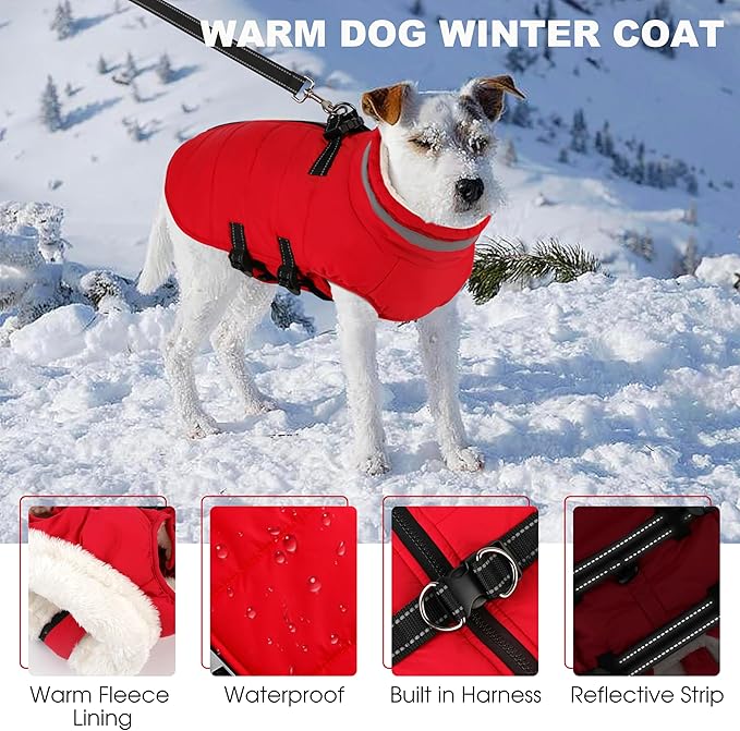 Small Dog Coat with Harness Built-in, Waterproof Reflective Fleece Lined - Warm Windproof Winter Jacket with Back Zipper, Cold Weather Snow Dog Coats - Red - XS