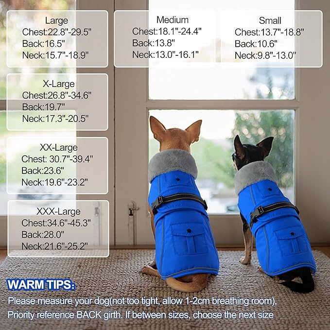 Dogcheer Dog Coat with Pocket, Waterproof Dog Jacket with Adjustable Buckle, Reflective Puppy Winter Coat Warm Turtleneck Fleece SnowJacket for Small Medium Large Dogs - Blue L
