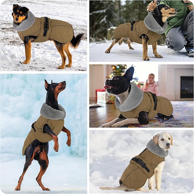 Dog Coat, Waterproof Dog Winter Jacket with Adjustable Buckle, Reflective Turtleneck Pet Snow Vest Warm Fleece Sweater for Small Medium Large Dogs - Khaki, S