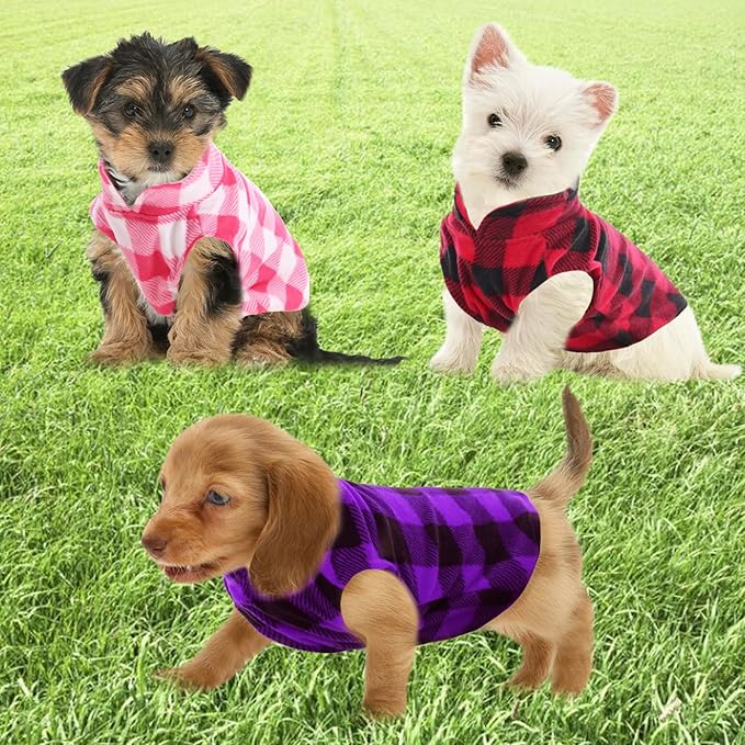 KAMA BRIDAL 3 Pack Spring Autumn Winter Coat Pullover Fleece Vest for Cats Small and Medium Dogs - Thin Sweater Red Pink Purple Plaid (XXS)