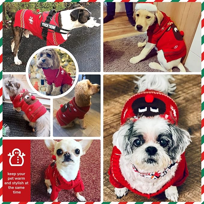 PETCARE Dog Christmas Sweater Red Ugly Funny Cute Cartoon Reindeer Cat Sweaters Jumper Holiday Dog Clothes Puppy Sweaters for Small Medium Large Dogs Fall Winter Outfits Xmas Dogs Costume,X-Small