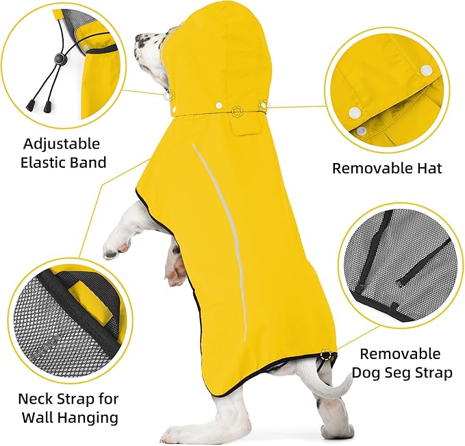 Mile High Life Dog Raincoat, Adjustable Waterproof Pet Rain Jacket, Reflective Hooded Poncho for Small Medium Large Dogs, Lightweight Breathable Pet Rain Coat (Yellow,M Chest 22"-28")