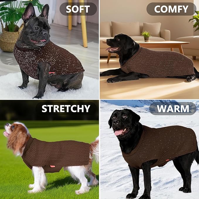 KYEESE Dog Sweater for Large Dogs with Leash Hole Warm Pullover with Reflective Yarn Male Thick Stretchy Knitwear Winter Soft Pet Coat boy for Cold Weather Comfy Dog Sweaters, Khaki, XXX-Large