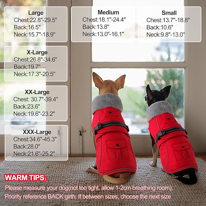Dogcheer Dog Coat with Pocket, Waterproof Dog Jacket with Adjustable Buckle, Reflective Puppy Winter Coat Warm Turtleneck Fleece SnowJacket for Small Medium Large Dogs - Red M