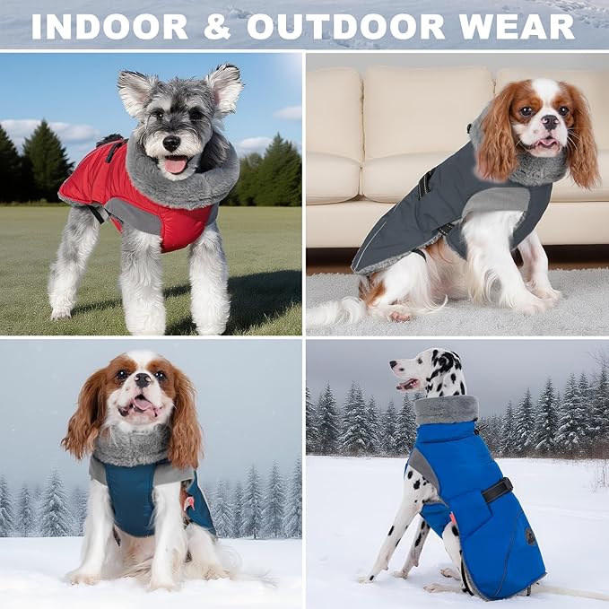 KYEESE Waterproof Dog Coat, Windproof Pet Jacket with Thick Fleece Lining, Extra Warm High Collar Dog Coats for Medium to Large Dogs with Leash Hole and Reflective Strips, Gray, XX-Large