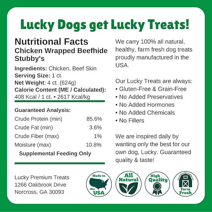 Lucky Premium Treats Chicken Wrapped Dog Treats – USA Made Raw Hide Sticks for Extra Large Size Dogs – Long Lasting, Preservative Free Dog Treats – 4 Chews